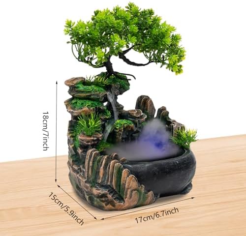 Tabletop Waterfall Fountain, Mini Rockery Fountain with Colorful LED Light, Indoor Resin Desktop Fountain Décor for Home Office, 6.7 x 7 x 5.9 Inch - Image 2
