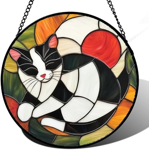Cozy Tuxedo Cat Stained Glass Window Hanging Suncatcher Gift for Mom 15" by Follow
