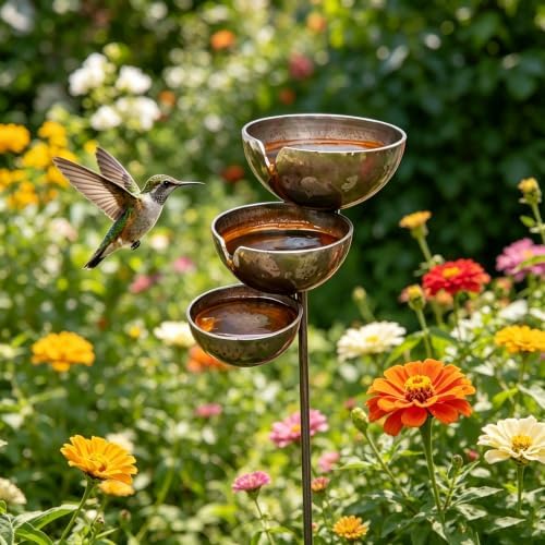Three-Tiered rainwater Harvester Garden Pole, Vintage Rusted Metal Bird Bath, Bird and bee Drinking Cup, Decorative Outdoor rainwater Harvester Suitable for Patio, Lawn, and Garden Landscaping (1) by Unknown