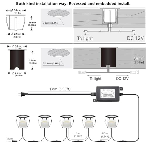RNEHON LED Outdoor Deck Lights Kits with Protecting Shell, Φ1.18in Warm White 30 Pack, IP67 Waterproof Recessed Stair Step Landscape Lighting 12V Low Voltage for Yard Patio Floor Kitchen Decoration - Image 7