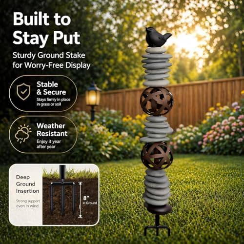 Garden Totem Sculpture with Cast Iron Bird – Natural River Rock Rustic Garden Decor, Outdoor Yard Art Garden Stake for Lawn, Patio & Cottage Garden 32 Inch - Image 4