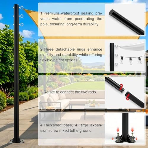 4 Pack 12 Ft Shade Sail Poles, Heavy Duty Metal Outdoor Support Post Kit, Rust-Resistant Shade Sail Support Poles, Adjustable Metal Sun Shade Poles for Patios, Courtyards, Backyards and Gardens - Image 4