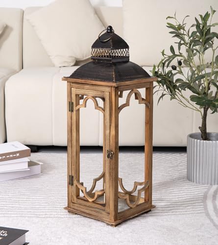 Large Farmhouse Decorative Wooden Lantern Set of 2, Rustic Brown Floor Lanterns, Indoor/Outdoor Hurricane Lanterns for Home Decor (No Glass) - Image 3