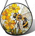 Yellow Flower Bee Stained Glass Window Hanging Decor Gifts for Women 12" by amderven