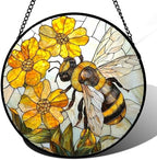 Yellow Flower Bee Stained Glass Window Hanging Decor Gifts for Women 12" by amderven