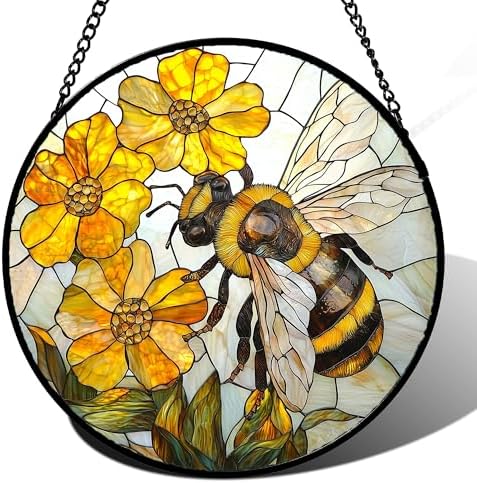 Yellow Flower Bee Stained Glass Window Hanging Decor Gifts for Women 12" by amderven