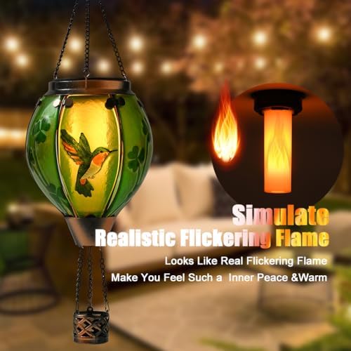 St Patricks Hot Air Balloon Solar Lantern - Patrick's Shamrock Glass Lantern, Simulated Flickering & Dancing Flame, Outdoor Hummingbird Hanging Yard Light for Patio Porch Decor Irish Clover Gift - Image 2