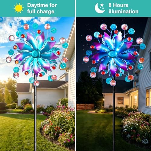 360°Solar Wind Spinner with Lights Blue Metal Garden Outdoor Decor Yard Lawn Art Decor for Patio Kinetic Windmills Unique Gifts for Friends and Family 60.63'' H x 13.38'' Dia - Image 6