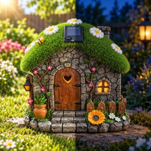 Daisy Fairy Garden House with Honey Bee, Solar Lighted Resin Yard Statue - Image 4