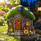 Daisy Fairy Garden House with Honey Bee, Solar Lighted Resin Yard Statue - Image 4