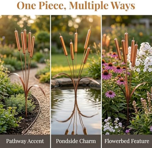 2026 Cattail Wind Chimes Copper Garden Stake, Handmade 20inch Large Metal Flower Plant Sculpture Yard Art Decor Vintage Rustic Bells Ornament Kinetic Wind Sculpture 19.69in 3pcs - Image 2