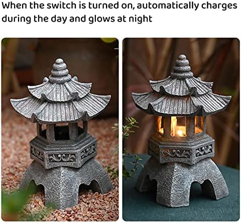 Pagoda Asian Decor Garden Statue with Solar Garden Light - Imitation Stone Pagoda Lantern Outdoor Zen Figurine, Resin (Color : Gray, Size : 5.5" x 5.5" x 10.2") - Image 2