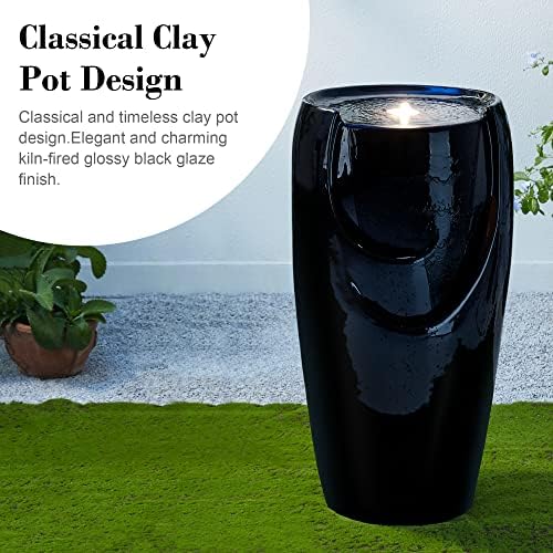 Glitzhome 29.25" H Oversized Ceramic Vase Outdoor Water Fountain Tall Patio Garden Water Fountain with LED Light and Submersible Pump Yard Art Decor, Black, 29.25”H - Image 4