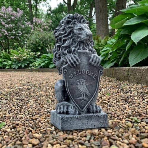 OLOMA Lion Welcome Concrete Statue Cement Guardian Figurine Outdoor Garden Sculpture Leo Handmade Decor Front Porch Entryway Patio Yard Lawn Ornament Front Door Gothic Art by OLOMA