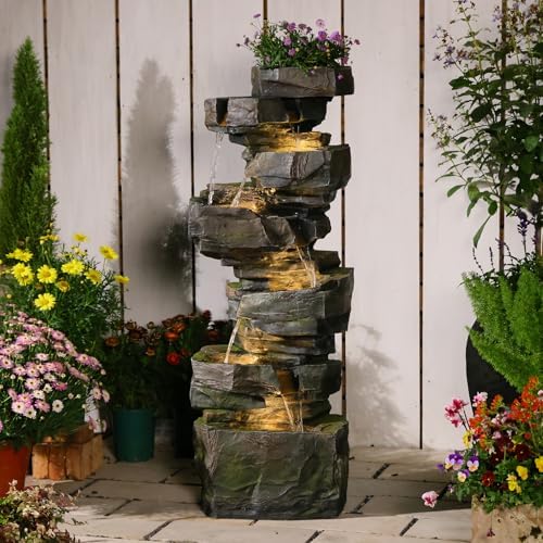 Sunlinua 48H Large Rock Cascading Outdoor Water Fountain with 6 Tiers by Sunlinua