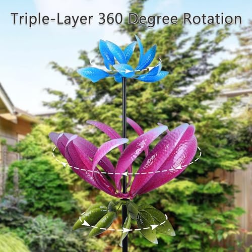 hogardeck Large Wind Spinner Outdoor, 91.3" Metal Flowers Wind Spinner with Heavy-Duty Stakes, 360° Rotating Triple-Layer Kinetic Yard Art for Home Outside Garden Lawn Backyard Patio Decor - Image 5