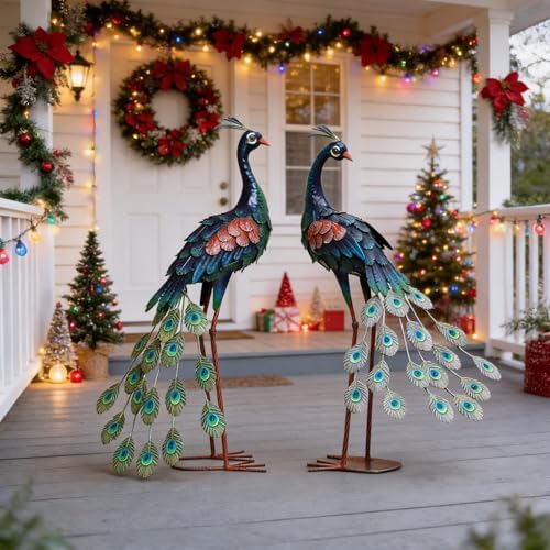 chisheen Garden Decor Outdoor Statues, Metal Peacock Decor for Outside, Garden Art Sculptures Standing for Patio Yard Lawn Home Decorations, Set of 2 - Image 5