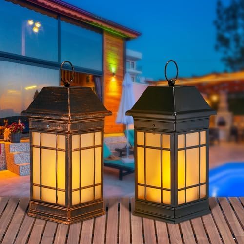 15.5" Solar Lantern Outdoor Waterproof, Glass Flickering Flame Solar Lanterns, Hanging Metal Lantern Decorative for Patio Front Porch Garden Backyard Tabletop Party Decoration - Image 3