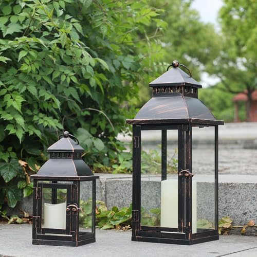 NEEDOMO Lanterns Decorative Outdoor&Indoor, Set of 2 Large Bronze Metal Lantern Decor with Glass, Candle Holder for Porch, Patio, Garden, Balcony, Wedding, Table Centerpiece Decor with LED Candles - Image 4