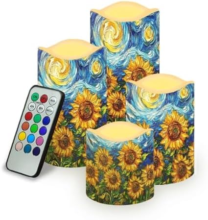 Starry Night Sunflower Flickering Flameless Candles Pillar LED Candles with Remote and Timer Set of 4 Color Changing Battery Operated Candles Decoration by Uorisanigo