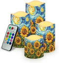 Starry Night Sunflower Flickering Flameless Candles Pillar LED Candles with Remote and Timer Set of 4 Color Changing Battery Operated Candles Decoration by Uorisanigo