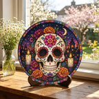Day of the Dead Stained Glass Window Hanging, Colorful Sugar Skull Suncatcher with Floral, Mexico Gothic Skeleton Decor, Halloween Spooky Window Art, Dia de Los Muertos Home Decoration 11.81" - Image 7