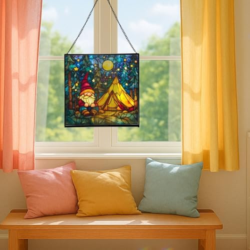 Night Camp Gnome Stained Glass Suncatcher – Square Hanging Window Panel for Home or Greenhouse – Whimsical Glass Art Gift for Garden Lovers, Christmas, Halloween, Father Days zeJ7nJ - Image 5
