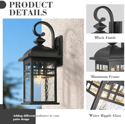 Emliviar 22" Black Industrial Wall Lantern, Weatherproof Outdoor Wall Mount Lamp Light Fixture with Water Ripple Glass, DE279B-M BK-WP - Image 2