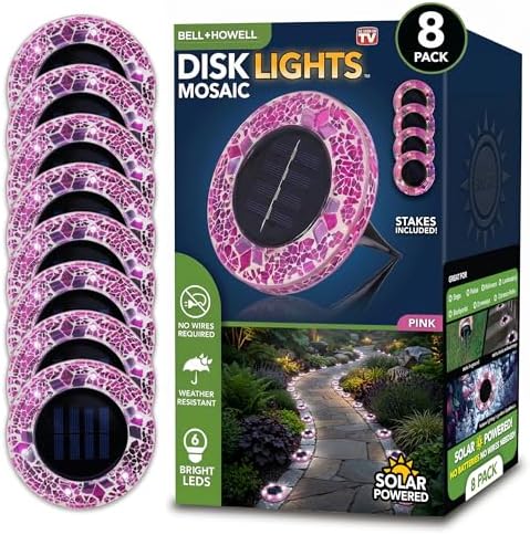 Bell+Howell 8 Pk Mosaic Solar Lights Outdoor LED Disk Pathway Lights, Pink by BellHowell