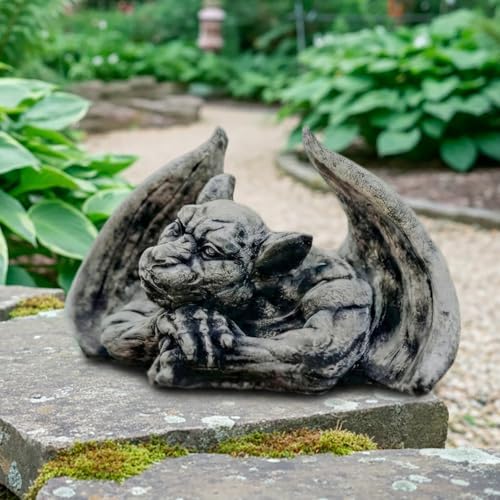 OLOMA Gothic Resting Gargoyle Concrete Garden Statue Winged Demon Fantasy Sculpture Outdoor Garden Yard Patio Graveyard Halloween Decor Weather Proof Accent Decor - Image 4