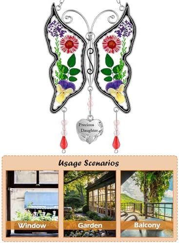 KY&BOSAM Butterfly Suncatcher Precious Daughter Stained Glass Sun Catchers Hangings for Windows Wind Chime Ornament with Real Flower Wings and Metal Charm Birthday Gifts for Mother`s Day Valentine's - Image 6