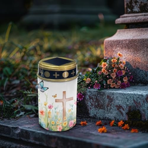 Poceacles Cross Solar Powered Cemetery Solar Candle, Memorial Floral Cross Butterfly, 2 Pack Waterproof Landscape Lights for Yard, Patio, Lawn, Home Decor - Image 3