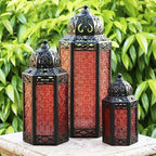 Vela Lanterns Decorative Outdoor for Patio/Porch - Floor Moroccan Candle Holder Set of 3 - Turkish Lamps, Table Centerpieces, Hanging Outdoor Decor for Wedding, Ramadan (XL, Large, Small - Red Glass) by VelaCandleLanterns