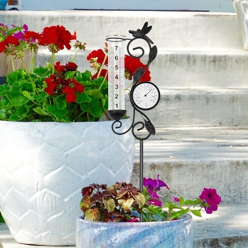 36in Dragonfly Rain Gauge Thermometer Black Metal Garden Stake Decor - Image 6