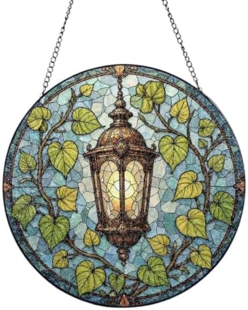 Ornate Lantern Surrounded By Green Leaves Stained Glass Suncatcher 12in by Unknown