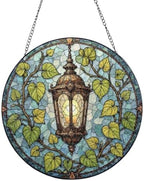 Ornate Lantern Surrounded By Green Leaves Stained Glass Suncatcher 9.8 Inch by Unknown