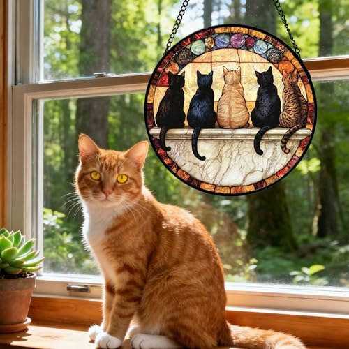 CHATYOUNG Stained Glass Window Hanging Retro Cats Themed Gifts Large 11.8" - Pet Suncatcher Door Garden Home Decor Christmas Mother's Day Birthday Gift for Grandma Women Mom Nana Wife Men Cat Lovers - Image 3