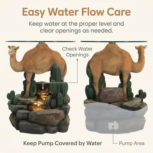 Modern Indoor Water Fountain with Glass Table, 22.8" H Outdoor Water Fountain LED Lighted Camel Fountain with Table, Water Feature for Garden, Deck, Living Room, Bedroom, Office Décor - Image 4