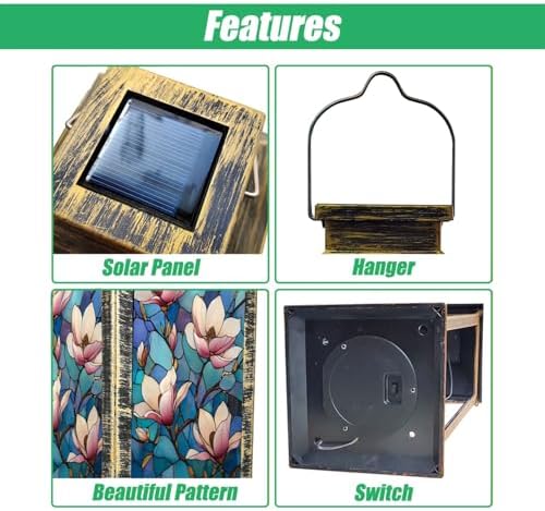 Solar Lantern Magnolia Flowers Stained Glass Style Blue Mosaic Outdoor Waterproof Hanging Solar Light Outside Lights for Patio Yard House Lawn Decor Birthday Gifts for Women Mom - Image 3