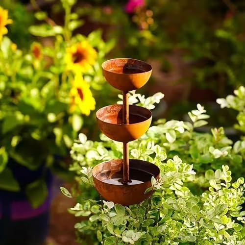 3 Tier Rusted Metal Rain Catcher Stake, Rustic Stacked Bowls Rain Gauge Garden Decor, Vintage Outdoor Yard Art for Lawn Patio Backyard (2) - Image 3