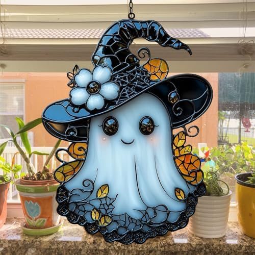 Cute Ghost with Witch Hat Acrylic Suncatcher - Image 4