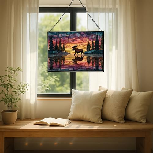 Moose Wading Through Shimmering Lake Rectangular Stained Glass Suncatcher – Hanging Window Panel with Animal & Nature Scene – Vibrant Glass Art Gift for Wildlife, Fantasy, Nature Lovers VbAJYD - Image 7