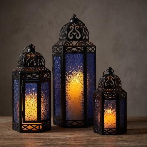 VELA LANTERNS Set of 3 Cobalt Blue Glass & Black Metal Moroccan Candle Lantern Holders (XL, Large, Small) - Decorative Indoor/Outdoor Decor for Patio, Floor, Weddings & Ramadan - Image 2