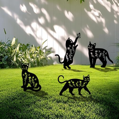 4 Pack Cat Metal Garden Decorative Stakes, Weather Proof Silhouette Statues for Yard, Patio,Outdoor Decor for Cat Lovers and Pet Owners by Yonisungardenandoutdoor