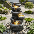 25" H Outdoor Water Fountain, 5-Tiers Cascading Resin Rocks Garden Waterfall Decor with LED Lights, Floor Standing Stone Waterfall Fountain for Garden, Patio, Backyard, Porch, Home Decor, Gray by GMUltra