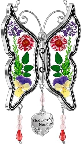 KY&BOSAM God Bless Nurse Butterfly Suncatcher with Pressed Flower Wings Nurse's Day Butterfly Stain Glass Catchers Wind Chime Ornament Charm with Metal Heart Gifts for Nurses Birthday Christmas by KYBOSAM