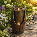 24.8" H Garden Outdoor Water Fountain with Lights, Rustic Barrel Waterfall by Unknown