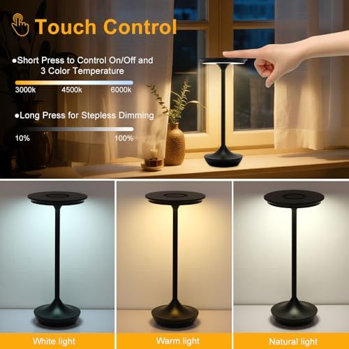 2 Pack LED Rechargeable Cordless Table Lamps,Portable Outdoor 6000 mAh Battery Operated Table Light Touch Control 3 Color Dimmable Waterproof for Patio/Cofee/Restaurant/Camping/Dining/ Bedroom-Black - Image 3