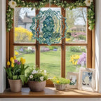Dark Green Flower Wind Spinner for Garden Yard 12In, Spring Blue Yellow Floral Country 3D Stainless Steel Kinetic Hanging Wind Spinners Rustproof Outdoor Decor for Lawn Patio Home - Image 2