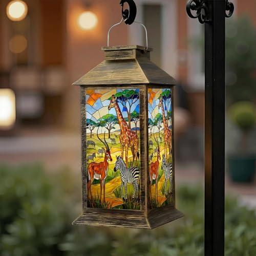 Solar Lantern Outdoor Waterproof African Savanna Wildlife Stained Glass Giraffe Zebra Antelope Garden Decor LED Hanging Solar Lights Tabletop Lamp Gifts for Women Mom Outside Yard Patio Porch by DERUINVAIO